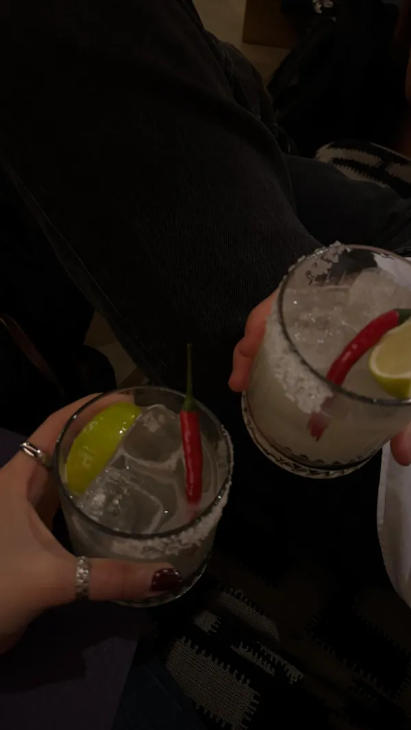 A fast-paced promotional video for a bar called 'The Little Violet Door' in Soho, London. The video is a montage of short clips showcasing the venue's quirky interior, including a bathroom with a neon sign, vinyl records, and a lively, crowded atmosphere. It features close-ups of cocktails, such as margaritas with chili and lime, and small plates including what appear to be breaded croquettes and padron peppers.