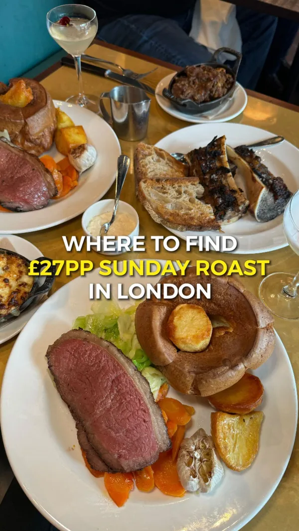 This video showcases a mother-daughter duo enjoying a Sunday Roast at Hawksmoor restaurant in Canary Wharf, London. The video highlights the roast beef, Yorkshire pudding, roasted potatoes, carrots, garlic, cauliflower cheese, stuffing, and bone marrow.  It also shows them enjoying cocktails and sticky toffee pudding for dessert. The focus is on presenting the food and the overall dining experience, with emphasis on portion size, taste, and service.  No dietary information is explicitly stated.