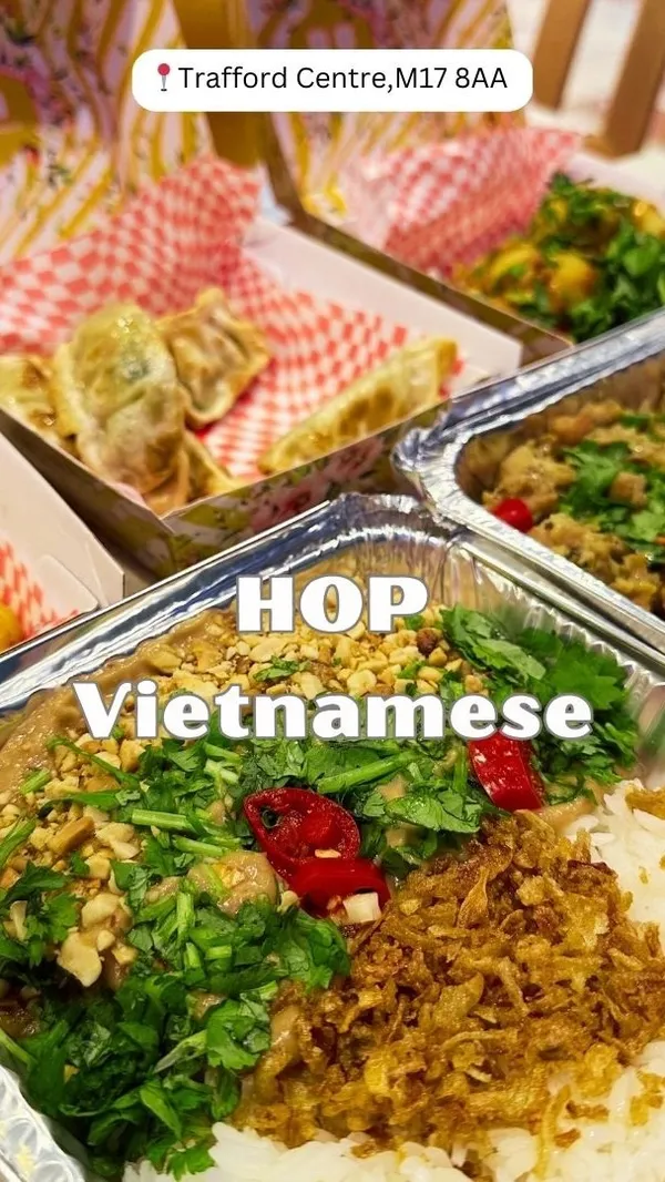 The video showcases Hop Vietnamese, a street food eatery located in the Trafford Centre food court. It features various dishes, including chicken hop boxes with rice, chicken tots, and bubble tea. The food is presented in colorful packaging and the video focuses on quick shots of the food and drinks. No dietary information is explicitly stated.