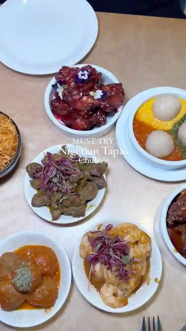 The video showcases a meal at Chuku's restaurant in London, specializing in Nigerian tapas.  Various dishes are presented, including plantain crisps, jollof rice, an egusi bowl, caramel kuli kuli, zobo wings, lamb ayamase, suya meatballs, honey suya prawns, and chin chin cheesecake. The food is presented in small, tapas-style portions, attractively garnished. The setting is a vibrant restaurant interior. The video primarily focuses on showcasing the food and the influencer's enthusiastic reaction to it.