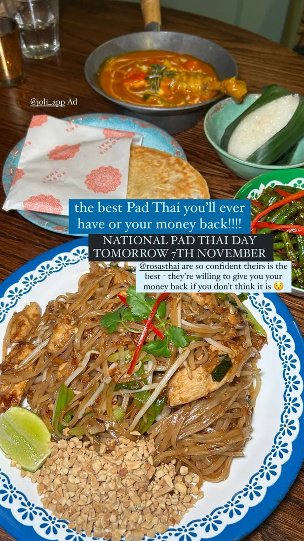 @rosasthai are so confident theirs is the best - they’re willing to give you your money back if you don’t think it is 😯  NATIONAL PAD THAI DAY TOMORROW 7TH NOVEMBER  the best Pad Thai you’ll ever have or your money back!!!! @joli_app Ad