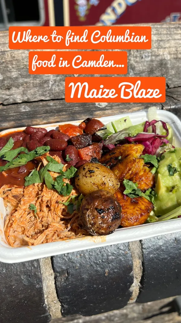 The video showcases a young woman's experience at Maize Blaze, a Columbian street food vendor in Camden.  It features various dishes, including the Chicken Asado Box, the Marching Box (with chicken breast, chorizo, potatoes, beans, rice, plantain, cabbage, and salad), and sweet chili plantain. The food is presented in disposable containers, and the video is primarily shot outdoors in bright sunlight. The main focus is the meal showcase, emphasizing the food's appearance and the influencer's enjoyment.