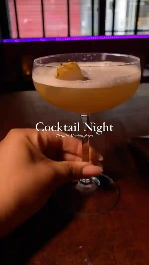 The video showcases Tequila Mockingbird, a bar in Brixton, London. It features various cocktails, including one served flaming. The setting is dimly lit, highlighting the neon signs and the bar's ambiance.  The cocktails are presented in various glasses, some with decorative garnishes. The video primarily focuses on the atmosphere and drink presentation, emphasizing the vibrant cocktail experience. No dietary information is explicitly provided.