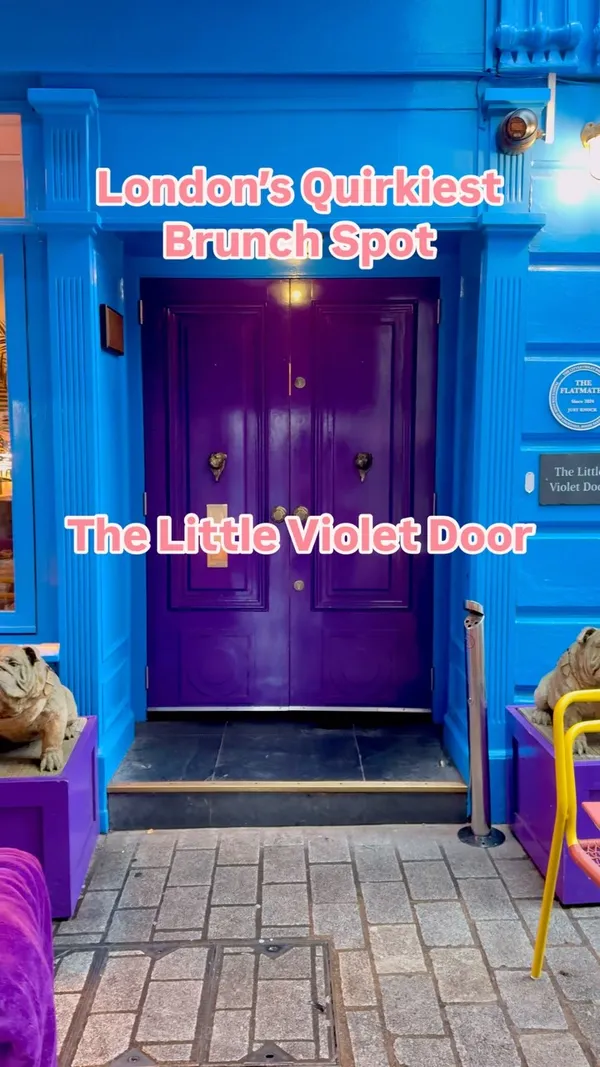 The video showcases The Little Violet Door, a brunch spot in Soho, London. It begins with an exterior shot of the restaurant's vibrant blue facade and purple door, followed by interior shots of the bar area, seating arrangements, and decor. The video highlights the restaurant's menu, featuring dishes like Courgette Pancakes and Savory Crumpet Stack, along with a cocktail. The presentation emphasizes the colorful and eclectic atmosphere of the restaurant. The video ends with shots of the downstairs area and bathroom, showcasing the unique design elements.