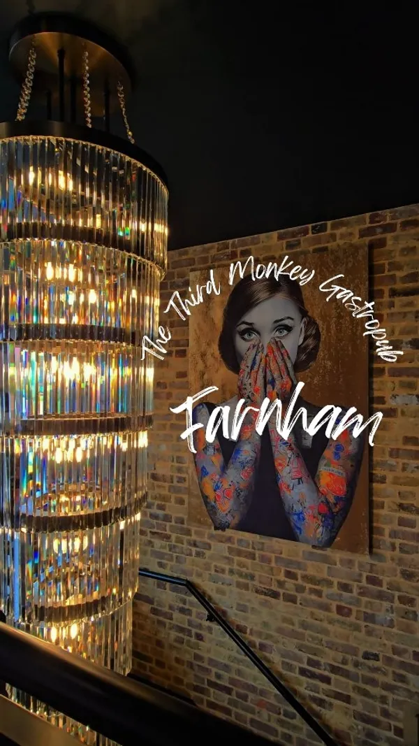 The video showcases a dining experience at 'The Third Monkey' restaurant in Farnham. It begins with a woman arriving at the venue, followed by shots of the stylish interior, including the bar, seating areas, and artwork. The video then moves to the rooftop terrace, where a waiter pours wine. Various dishes from a three-course meal are presented, including a carrot and coriander soup, roast porchetta, South Coast sea bream, and sides like cauliflower cheese, roast potatoes, and a Yorkshire pudding with gravy. The meal concludes with a sticky toffee pudding dessert. The video features both the food and the people enjoying their meal.
