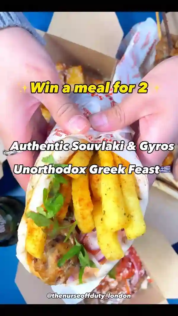 The video showcases a giveaway for a meal for two at Smashing Plates, a Greek restaurant located in Tooting Market, London.  The video shows various food items including souvlaki, gyros, halloumi fries, pita bread, and a Mythos beer. The food is presented in a visually appealing manner, though the quality could be improved with better lighting. Dietary information is not explicitly provided. The video primarily focuses on showcasing the food and the giveaway.