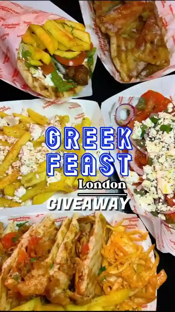 The video showcases various Greek-inspired dishes from Smashing Plates, a street food vendor. The setting is Boxpark Wembley.  The food items include gyros (meat and fries in pita bread), fries with feta cheese, Greek salad, and what appears to be chicken souvlaki in pita. The presentation is vibrant and appetizing. The video is primarily focused on showcasing the food.