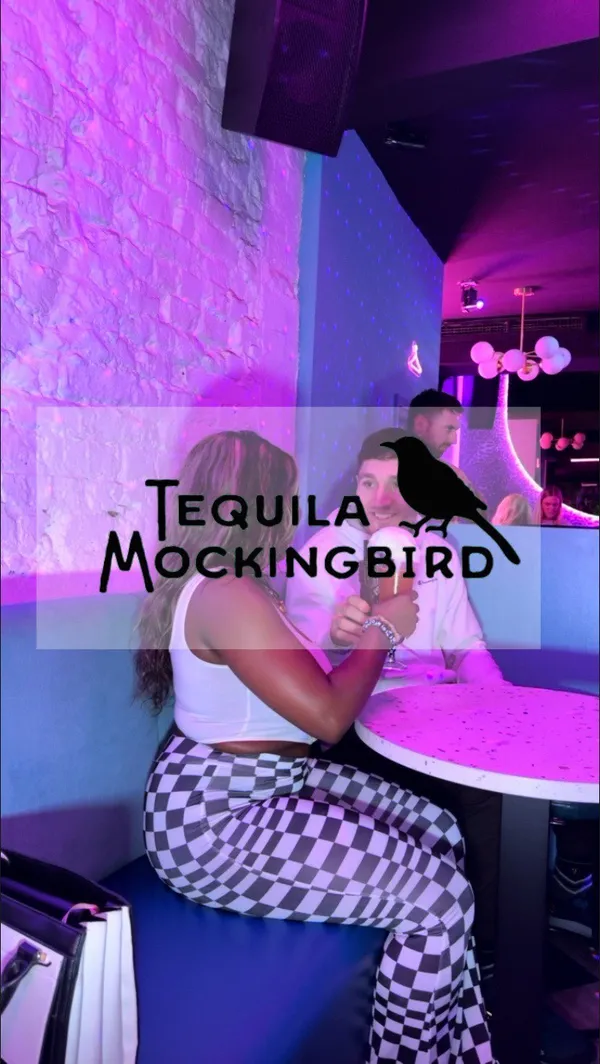The video showcases Tequila Mockingbird, a bar in London. It highlights the bar's atmosphere, cocktails (99 Problems, Disney Princess, Jungle Mockingbird, Mockingbird Zombie), karaoke facilities, and photo booth.  The cocktails are presented in various glasses, with creative garnishes like cotton candy. No dietary information is explicitly provided.