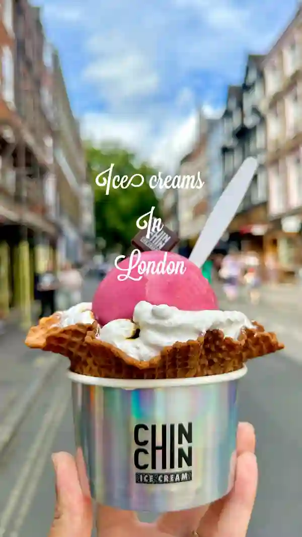 The video showcases a variety of ice cream and gelato from different London shops. Each clip features a different ice cream, held in hand against a backdrop of the shop's exterior.  The ice creams vary in flavor, presentation, and style.  No dietary information is explicitly provided.