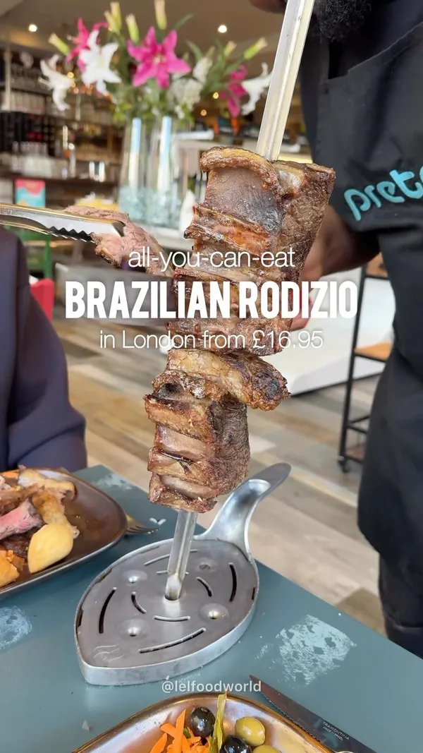 Have you tried a Brazilian Rodizio? This is your sign to have an UNLIMITED meat feast from £16.50 at @pretorestaurant 🇧🇷 

Over 16 cuts of succulent meats cooked on their churrasco (Brazilian BBQ) are carved table side by their Passadors onto your plates 🤤🙌 These are offered with a variety of freshly prepared gourmet salads and traditional Brazilian hot dishes as a buffet 🤩 You can get this all for only £16.95 as part of the lunch menu, or £28.95 any other time. The key is: don’t take too much of any one item or you’ll run out of space before you’ve tasted them all. Your favourite meats will be brought back around and you can keep feasting on these until you tell them you’re full! 

📍 @pretorestaurant has locations in Angel, Colchester, Putney, Queensway, Victoria and West End
.
.
.
#preto #unlimitedmeat #brazilianfood #brazilrodizio #rodizio #unlimitedfood #londonfoodguide #londonfood #londonfoodies #londonhotspots #secretlondon #cheapeats #cheapeatslondon #bottomlessbrunch #bottomlessbrunchlondon #meatlovers