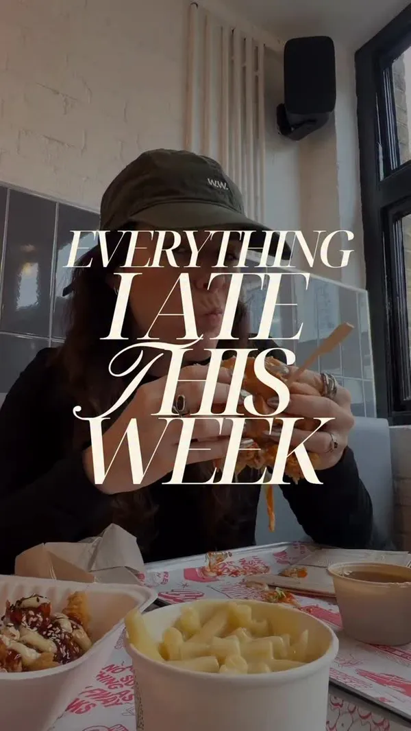 A food blogger's video diary showcasing everything they ate in a week across London. The video features multiple restaurants: Haidilao for Chinese hot pot with various meats, vegetables, and noodles; Dan Dan for a lunch deal including Dan Dan noodles, beef Szechuan noodles, mapo tofu, and gong bao chicken; YeYe's Noodles and Dumplings for beef rib noodles and pan-fried dumplings; Butchie's for fried chicken burgers and sides; Bad Boy Pizza Society for a large New York-style pepperoni pizza; and DALLA for Italian dishes like vitello tonnato, beef tartare with truffle, and pasta.