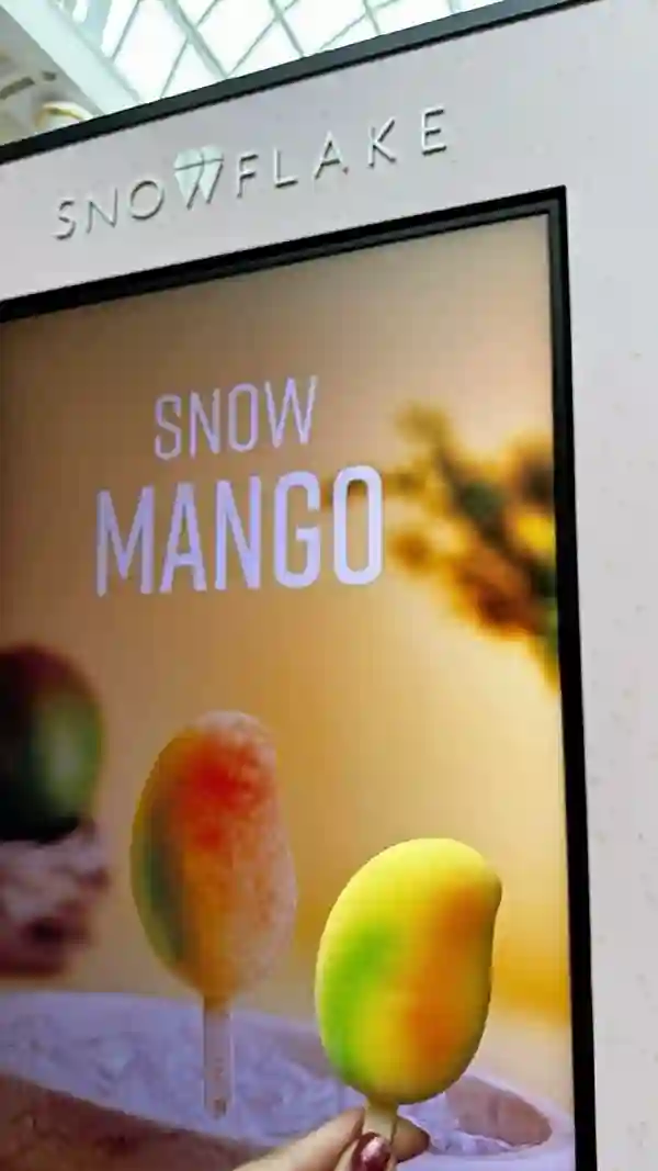 The video showcases Snowflake Gelato in Manchester, highlighting their new Mango Stix alongside other gelato flavors, ice cream bars, and a decadent chocolate dessert. The presentation emphasizes vibrant colors and appealing textures, with various camera angles used to showcase the different products. Dietary information is not explicitly stated, although the inclusion of halal in the hashtags suggests at least some options align with halal dietary requirements. The main focus is on the Mango Stix, while also featuring other dessert options available at Snowflake Gelato.