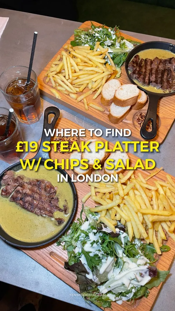 The video showcases Swiss Butter, a Halal restaurant in Holborn, London. It highlights their £19 steak platter, featuring a choice of protein (chicken, beef fillet, salmon, or ribeye) served with chips (or a jacket potato), baguette, and salad. The steak is presented in a skillet atop a creamy, herb-infused butter sauce. The video also shows their dessert options: molten chocolate cake and pain perdu (French toast pudding). The main focus is a positive review of the food and restaurant.