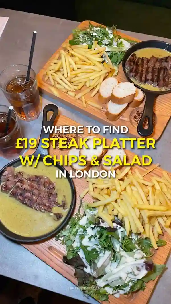 The video showcases Swiss Butter, a Halal restaurant in Holborn, London. It highlights their £19 steak platter, featuring a choice of protein (chicken, beef fillet, salmon, or ribeye) served with chips (or a jacket potato), baguette, and salad.  The steak is presented in a skillet atop a creamy, herb-infused butter sauce.  The video also shows their dessert options: molten chocolate cake and pain perdu (French toast pudding). The main focus is a positive review of the food and restaurant.