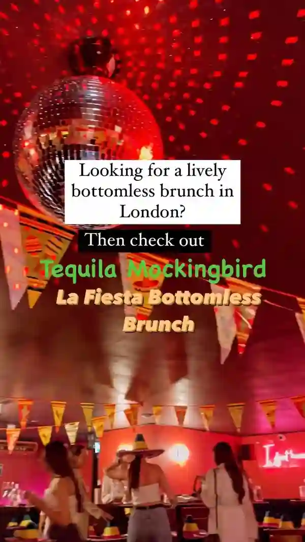 The video showcases Tequila Mockingbird's La Fiesta Bottomless Brunch in London.  It features various food and drink items including bottomless margaritas, prosecco, beer, and pepperoni pizza. The presentation highlights the vibrant, Mexican-themed atmosphere with colorful decorations, sombreros, and energetic entertainment, including a host, burlesque dancer, and party games like piñata and limbo.  The main focus is on the lively, fun atmosphere and the various offerings of the bottomless brunch.