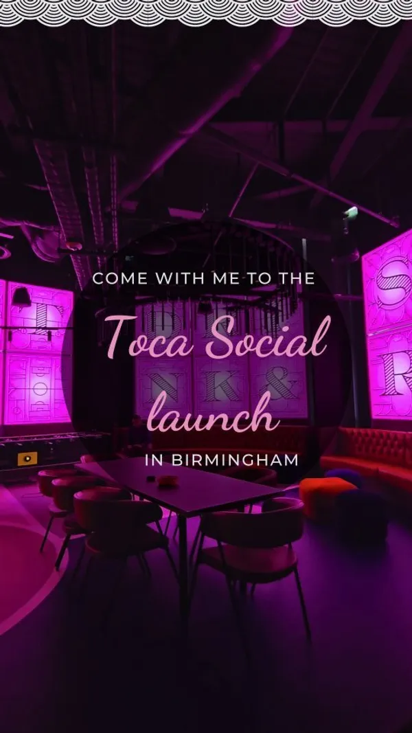 The video showcases the Toca Social launch party in Birmingham.  The setting is a large, modern bar with various entertainment options including table football, a karaoke booth, and a photo booth. Food and drinks are shown, though specific items aren't clearly identified. Drinks include cocktails and possibly beer. Food appears to include finger foods and appetizers. The presentation focuses on the overall atmosphere and activities, rather than detailed food shots. No dietary information is explicitly provided. The main focus is on the venue and the experience of the launch party, highlighting the ambiance, activities, and friendly atmosphere.