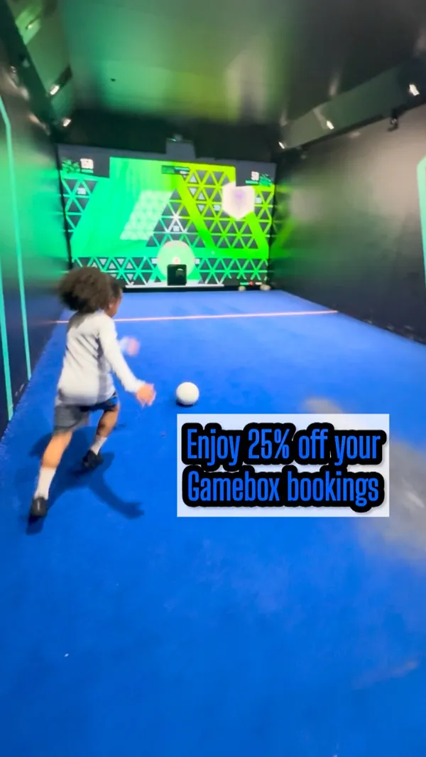 The video showcases children participating in various interactive football-themed games and activities at TOCA Social. Activities include running through a neon-lit tunnel, playing interactive football games where they kick balls at targets on a screen, and playing table football. The video highlights an Easter half-term offer for 25% off Gamebox bookings before 9:30 AM.
