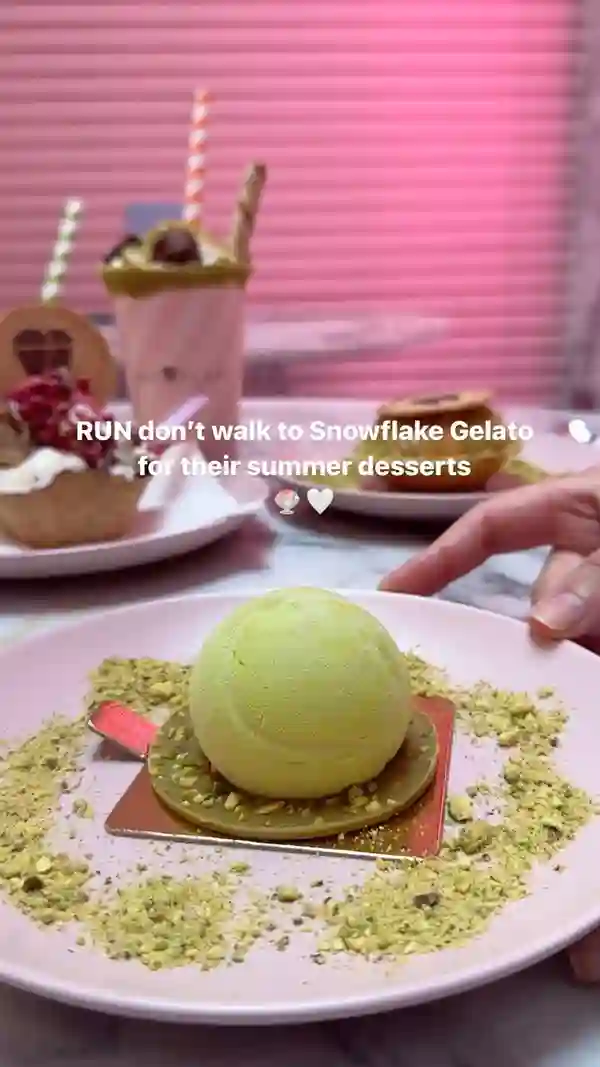 The video showcases various desserts from Snowflake Gelato, a cafe.  The desserts include a pistachio brownie sundae shake, a tennis ball-shaped dessert, a pistachio gelato donut, an iced pistachio latte, a gelato basket with raspberry and bounty flavors, and an affogato. The presentation is visually appealing, with a focus on color and texture.  No specific dietary information is provided. The main focus is a delicious dessert showcase.