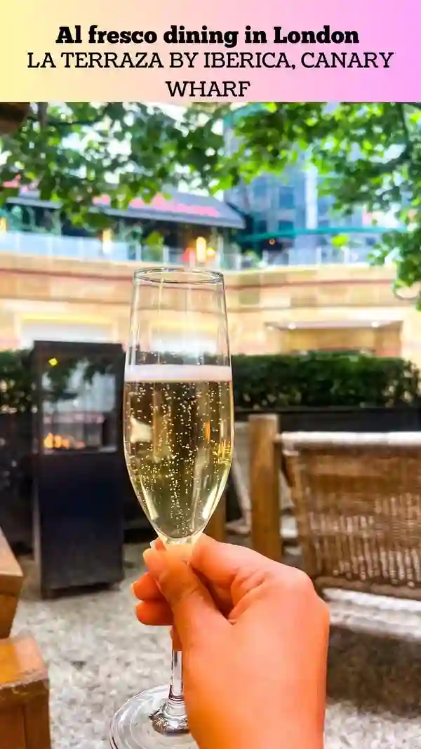 This video showcases La Terraza by Ibérica, an outdoor restaurant in Canary Wharf, London. It highlights the restaurant's Mediterranean ambiance, featuring refreshing cocktails (like a gin and olive drink), Spanish wines (Vilarnau Brut Reserva), and bocadillos (sandwiches). The presentation focuses on the inviting atmosphere, the drinks, and a close-up of the sandwich. No dietary information is explicitly provided. The main focus is promoting the restaurant as a perfect spot for al fresco dining and drinks.