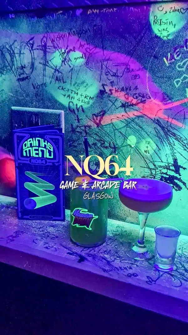 The video showcases NQ64, an arcade bar in Glasgow's Merchant City. It features neon-lit interiors, various arcade games (Mario Kart, a light gun game, Pac-Man, Tekken 3, and Crash Bandicoot), and cocktails presented in coupe glasses and short glasses. The cocktails are visually appealing and vibrant under the neon lights. No specific dietary information is provided. The main focus is on the immersive atmosphere and gaming experience, while also highlighting the cocktails.