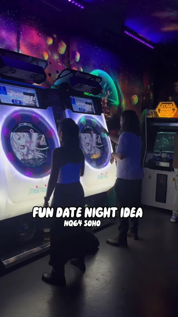 The video showcases NQ64, a retro arcade bar in Soho. It features various cocktails (including those with layered colours and unique decorations), and patrons playing various arcade games.  The setting is dimly lit with neon accents and space-themed murals. The video focuses on the fun, vibrant atmosphere and the combination of drinks and gaming.