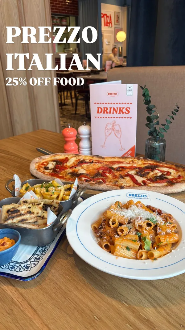 The video promotes the new Prezzo Italian restaurant in Kingston, Southwest London, by showcasing a 25% off food offer. It features a variety of dishes, including a large pizza with peppers, rigatoni pasta, meatballs in tomato sauce, fried mac and cheese balls (pastacini), truffle fries, and flatbread. The video also shows two iced coffees, highlights the restaurant's new stylish interiors, and mentions the availability of gluten-free and vegan menus before ending with a shot of the exterior.