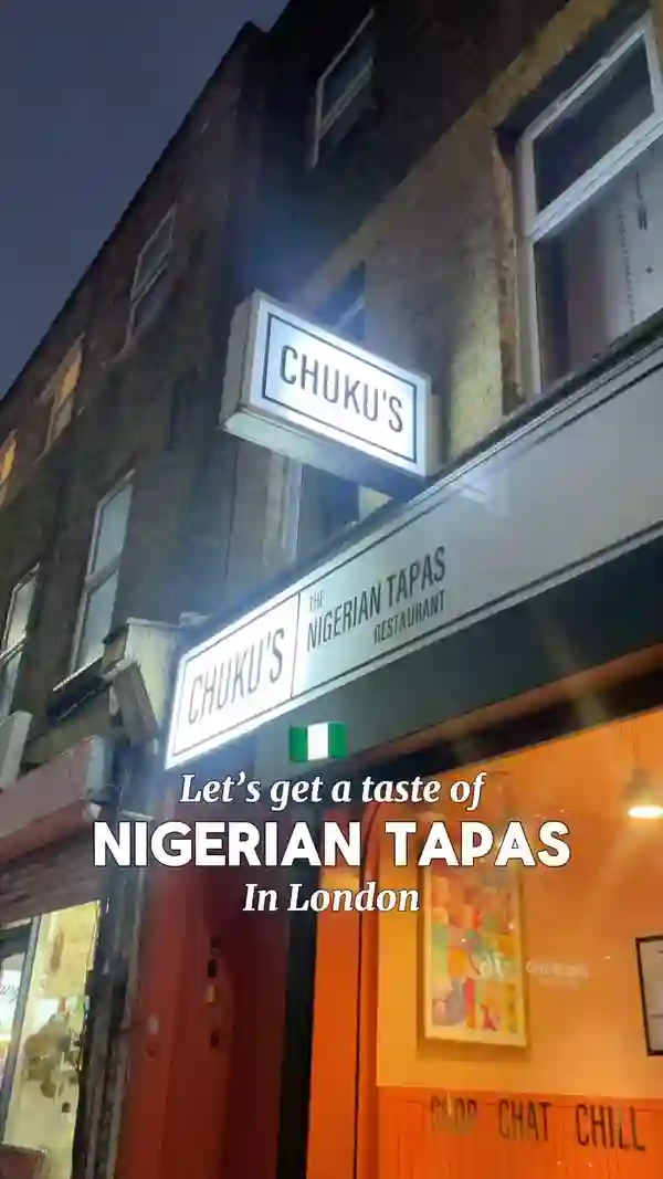 This video showcases Chukus London, a Nigerian tapas restaurant. It highlights various dishes, including Jollof rice, Egusi bowl, Banga prawns, Chicken Ata Din Din, Dodo plantain, and Chin Chin cheesecake. The food is presented attractively, focusing on close-up shots and appealing visuals. Dietary information is included in the caption, mentioning options for vegan, gluten-free, and halal diets. The video's main focus is a meal showcase, where two individuals sample and review several dishes.