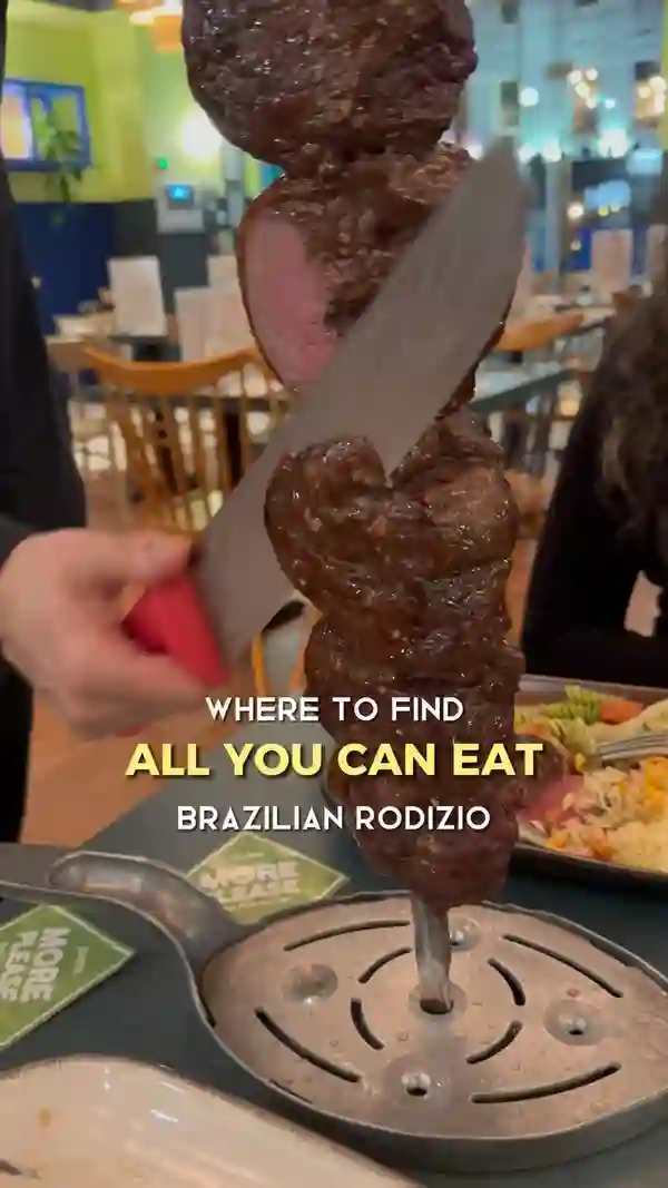 The video showcases Preto, a Brazilian rodizio restaurant in Angel, London. It features various cuts of meat, a salad bar with several options, traditional Brazilian sides like rice and vegetables, and two desserts (chocolate mousse and coconut cake). The drinks shown are large cocktails.  The video focuses on the abundance of food available in the all-you-can-eat style.  No specific dietary information is provided.