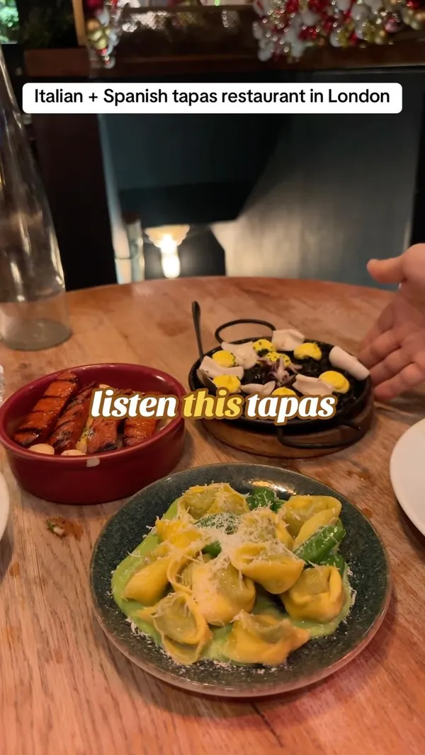 The video showcases Dehesa, an Italian and Spanish tapas restaurant in London. It highlights the restaurant's £45 tasting menu, featuring dishes such as Puglian burrata, Padron peppers, grilled ribeye steak with chimichurri, tiger prawns, chargrilled chorizo picante, pea and mint tortellini, arroz negro (Valencian rice with squid ink), and pistachio & white chocolate bunuelos for dessert. The video emphasizes the variety and presentation of the food.
