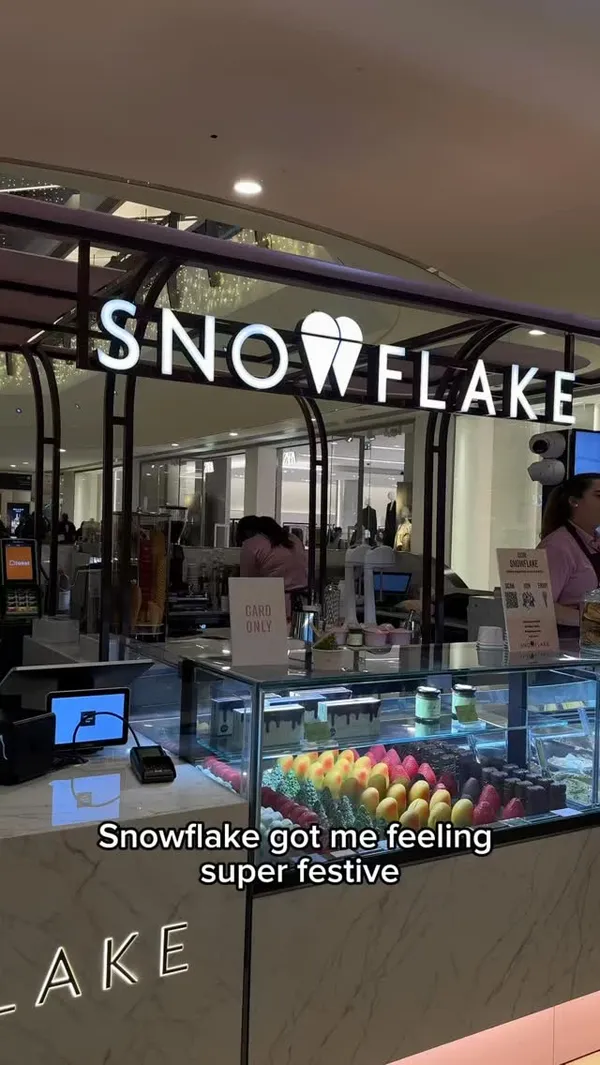 The video promotes the festive menu at Snowflake Gelato, located in a shopping centre. It showcases various items, including a range of gelato flavours, festive-themed gelato pops shaped like Christmas trees and Santas, and hot chocolates. The creator tries a green, tree-shaped gelato pop called the 'Frosted Fir' and a hot chocolate. The video features shots of the shop's exterior, menu, display counter, and the creator enjoying the treats with friends at a table.