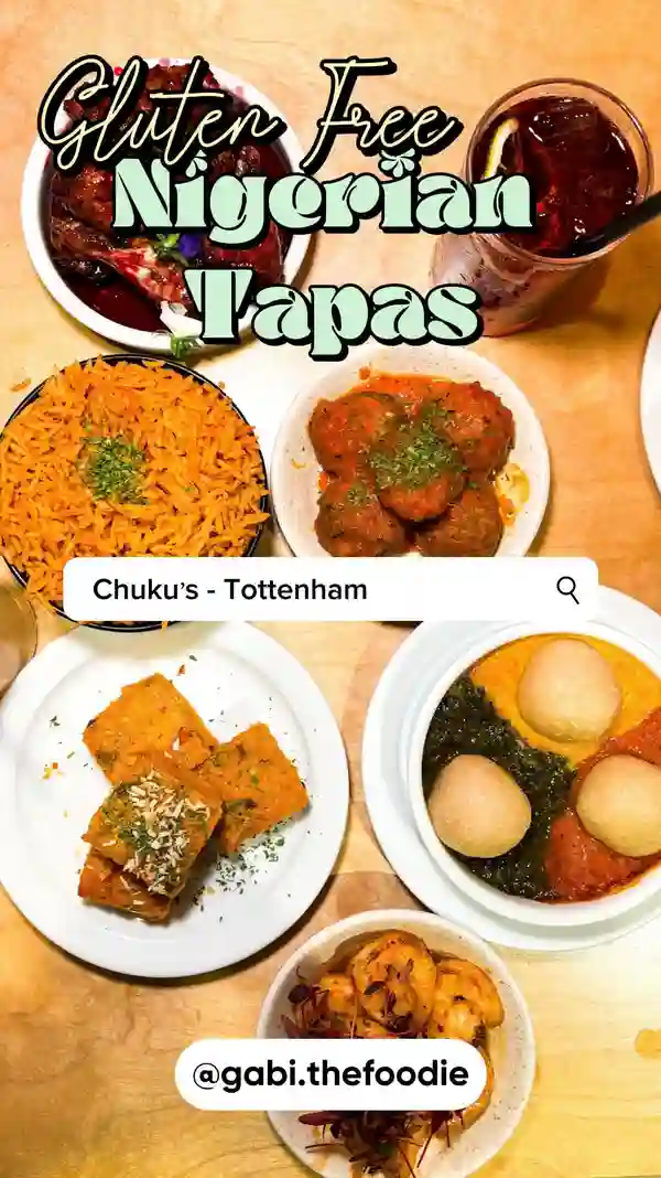 The video showcases Chuku's Nigerian Tapas Restaurant in Tottenham, London. It features various dishes, including suya meatballs, honey suya prawns, jollof rice, moi moi, and an egusi bowl. The food is presented in small, tapas-style portions on white plates and bowls. Dietary information mentions gluten-free options and vegan options. The video mainly focuses on the food presentation, taste, and the overall dining experience.