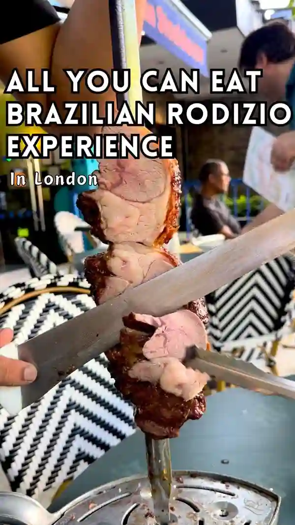 The video showcases Preto, a Brazilian steakhouse in London. It features various cuts of meat being carved tableside, a salad bar with various hot and cold options, and a passionfruit dessert. The main focus is on the unlimited meat selection offered in a rodizio style, emphasizing the dining experience.