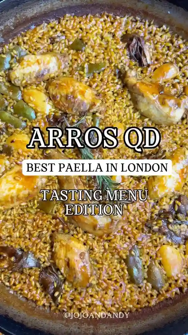 The video showcases a tasting menu at Arros QD, a restaurant in Fitzrovia, London. It features various dishes, including appetizers (cheese stones, truffle bomb, brown crab salad, wild mushroom ragout, Atlantic squid), paella for two (with chicken and beans), and apple pie for dessert. The food is presented in a visually appealing manner, with close-up shots highlighting textures and details. The main focus is on the food and the restaurant's ambiance.