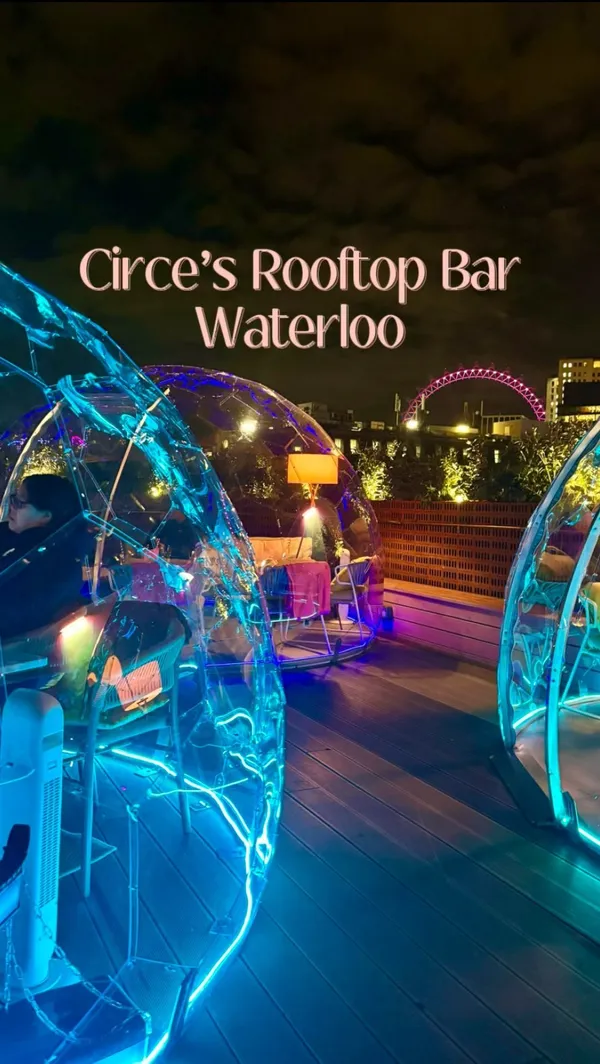 The video showcases Circe's Rooftop Bar in Waterloo, London.  It highlights the bar's winter offerings, including heated igloo pods, a winter food and drinks menu (cocktails, appetizers), plush seating, soft blankets, and city views.  Various cocktails are shown, including a green cocktail with a unique design, a blue frozen drink, and a red cocktail with strawberries. Food items include fried potato balls with mushroom sauce and a dessert item. The video emphasizes the bar's festive atmosphere, fun staff, and overall enjoyable experience.