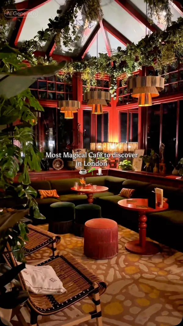 The video showcases the interior of EVE Kensington, a cafe, bar, and pizzeria in London. It features various distinct areas including a conservatory, bar, and lounge spaces, highlighting the unique decor with plants, patterned flooring, and stylish furniture. Some tables are set, and drinks are visible on tables, but no specific food items are shown in detail or being consumed.