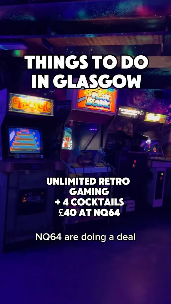The video showcases NQ64, a retro arcade bar in Glasgow. It highlights a specific deal: unlimited gaming for 90 minutes plus four cocktails for £40. The video features a variety of classic arcade games like Pac-Man, Street Fighter, Guitar Hero, and shooting games, as well as console gaming stations with Xbox. It also shows the preparation and presentation of several themed cocktails, including a pink polka-dotted drink and a green drink in a barrel-shaped glass. The venue's neon and graffiti-style decor is prominently featured, emphasizing its unique atmosphere.