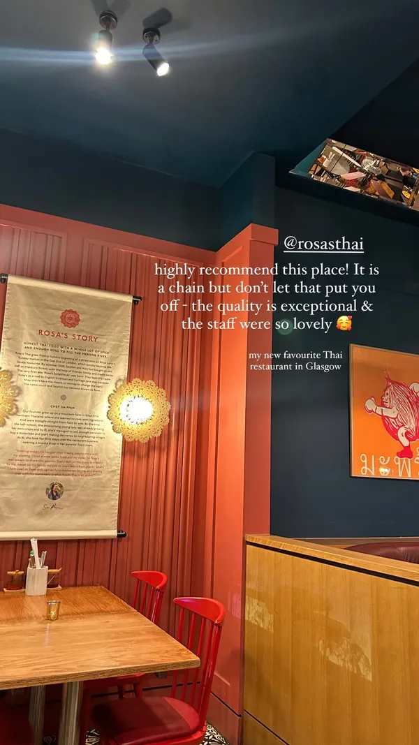 highly recommend this place! It is a chain but don’t let that put you off - the quality is exceptional & the staff were so lovely 🥰  my new favourite Thai restaurant in Glasgow  @rosasthai  @joli_app