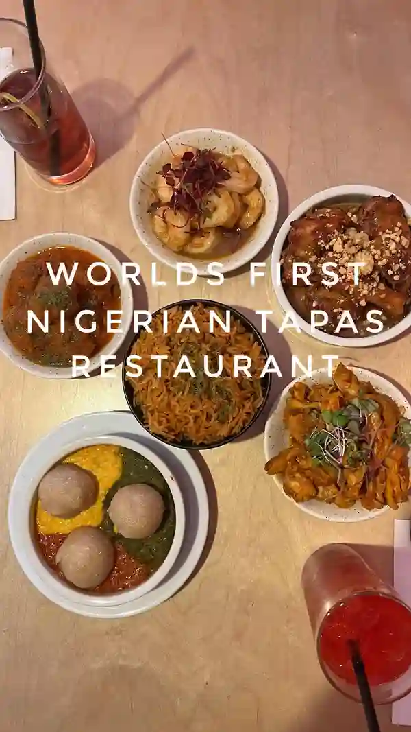 The video showcases a Nigerian tapas restaurant in London, featuring various dishes such as caramel kuli wings, honey suya prawns, suya meatballs, and an egusi bowl, alongside drinks. The food is presented in small bowls and plates, with a focus on close-ups of textures and colors. The video doesn't provide specific dietary information. It mainly focuses on showcasing the food and drinks.