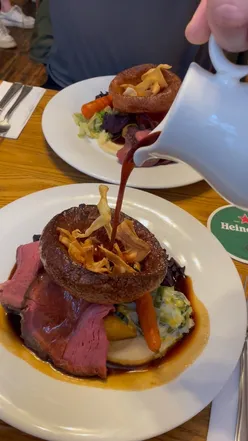 Delicious roast beef dinner with gravy and roast potatoes at Bank Tavern, Bristol's best Sunday roast.