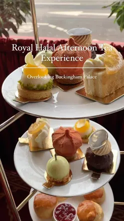 Halal afternoon tea at The Rubén’s, featuring sandwiches, pastries, and scones with views of Buckingham Palace.