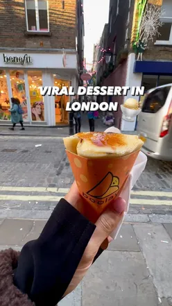 Delicious creme brûlée crepe cone from Boolay at Seven Dials Market, showcasing a sweet street food treat.