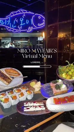 Virtual menu showcasing sushi, sashimi, and caviar dishes at Miro Mayfair, a top London restaurant.