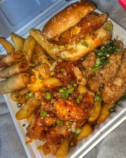 Loaded Box 6 from Bobby's Salt & Pepper in Ossett: dragon burger, salt & pepper wings, honey sriracha prawns, veggie spring rolls, chips.