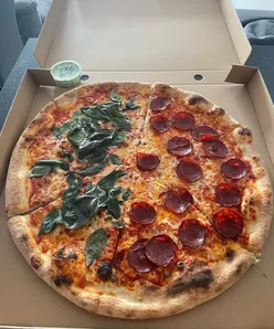 Large half cheese, half pepperoni pizza from West Pizza CF with amazing crust, enjoyed over bank holiday.