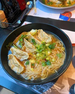 Chicken Gyoza Ramen and Crispy Chilli Squid at Wagamama Cardiff; soft squid, stodgy noodles, favorite chicken gyozas.
