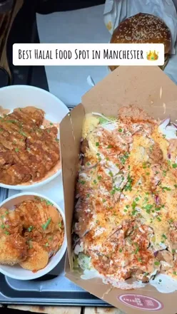 Halal burger and loaded fries at top Manchester food spot, ideal for foodies and halal dining enthusiasts.