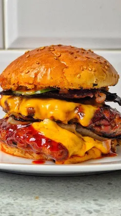 Korean-style smashed burger with crispy kimchi, American cheese, and bacon on toasted buns, perfect for summer.