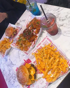 Juicy Nacho and Bacon burgers with nacho fries, chicken platter, and mocktails at Dreamburger UK, Newcastle.