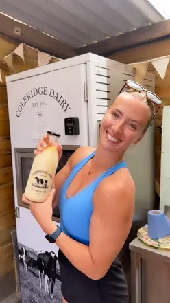 Homemade banana milkshake at @coleridgedairy's self-service station on a farm.