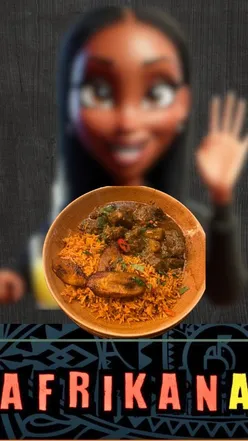 Afrikana London urban decor, 'We Goat Your Back' goat curry, jerk chicken with crispy plantains, bold flavors, buzzing vibe.